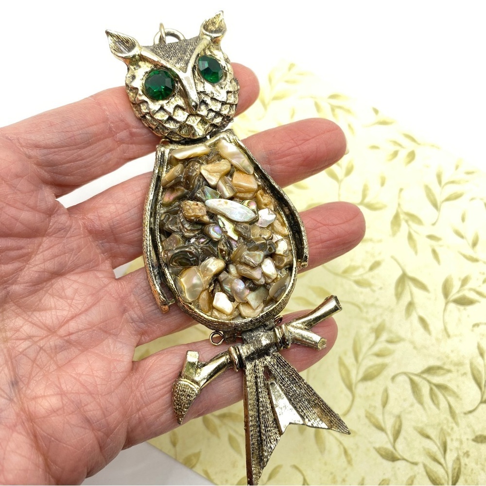 Vintage Owl Pendant Green Rhinestone Eyes Abalone Shell Chips
